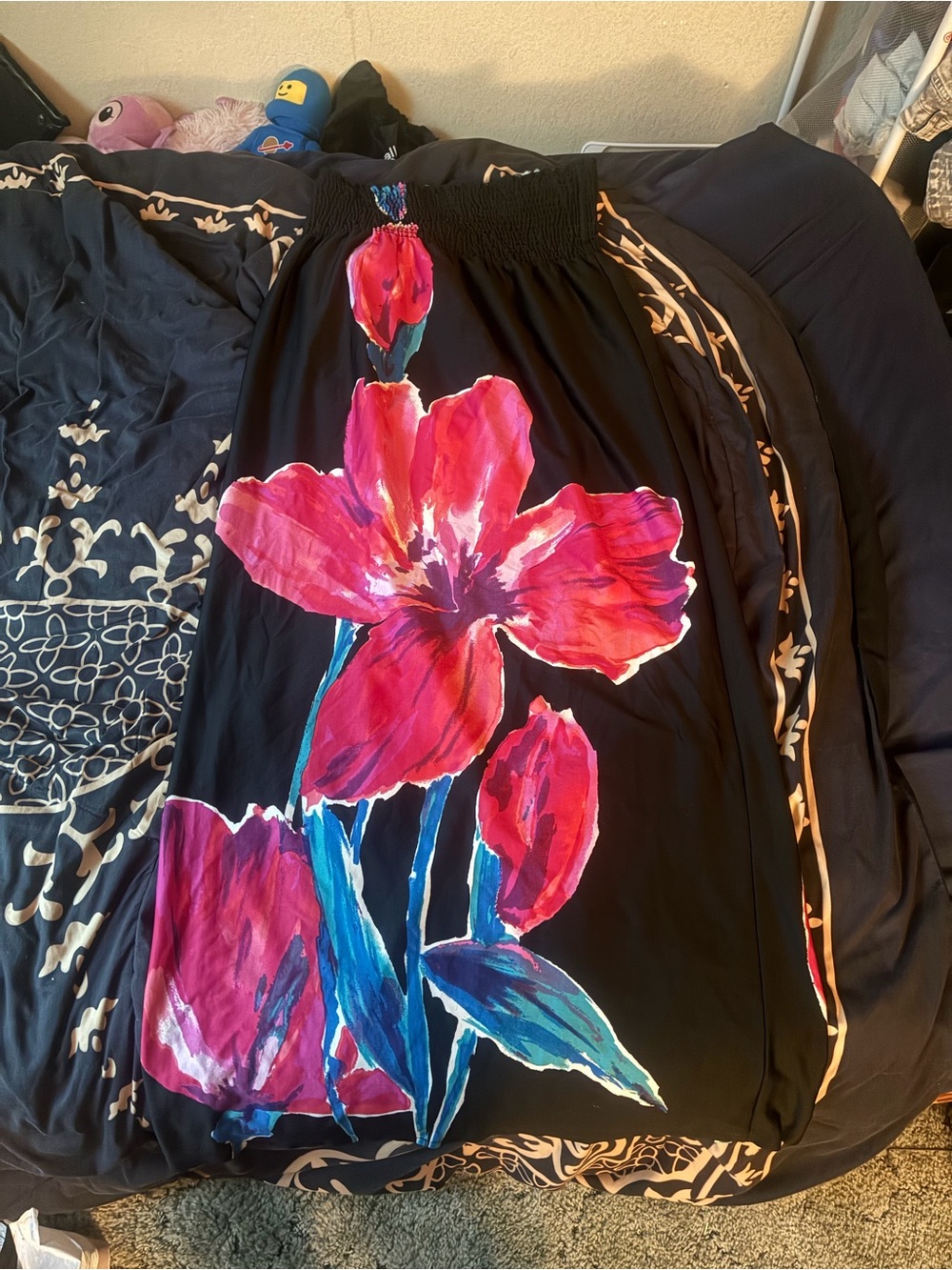 Black Maxi dress with Bold Pink & Blue Floral Print